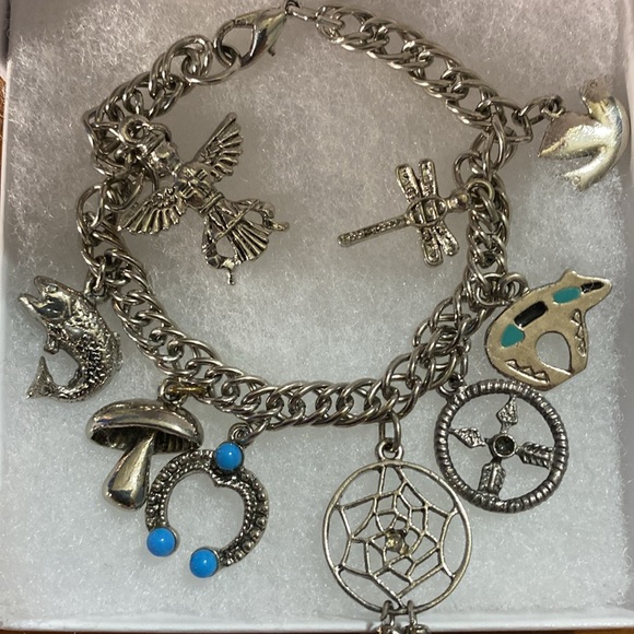American Indian Charm Bracelet with Turquoise Accents - Picture 1 of 3
